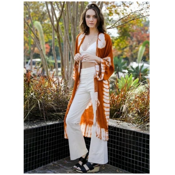 Rust Tie Dye Kimono Duster Wrap Coverup - Picture 3 of 4